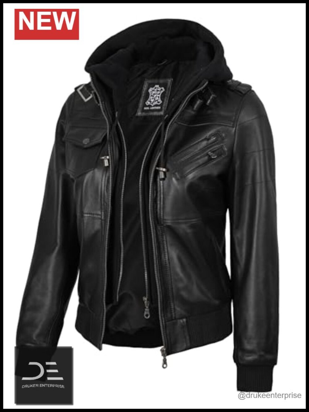 Genuine Lambskin Leather Bomber Jacket with Removable Hood